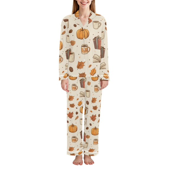 FORMRS Womens Pajama Set Long Sleeve Top and Pants with Pockets Soft Comfy Lounge Sleepwear, Sizes S-2XL, Fall Beige Pumpkin