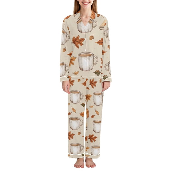 FORMRS Womens Pajama Set Long Sleeve Top and Pants with Pockets Soft Comfy Lounge Sleepwear, Sizes S-2XL, Fall Mug Pattern