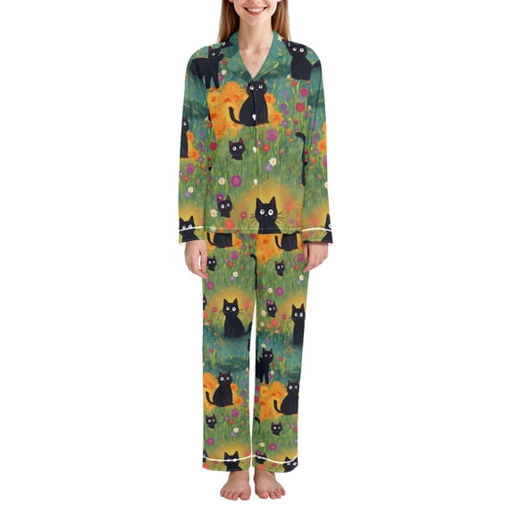 FORMRS Womens Pajama Set Long Sleeve Top and Pants with Pockets Soft Comfy Lounge Sleepwear, Sizes S-2XL, Floral Black Cats Pattern