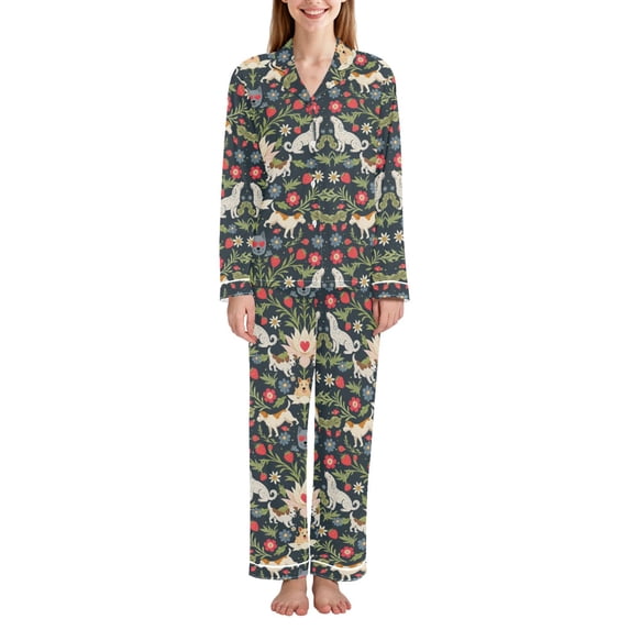 FORMRS Womens Pajama Set Long Sleeve Top and Pants with Pockets Soft Comfy Lounge Sleepwear, Sizes S-2XL, Floral Dogs Pattern