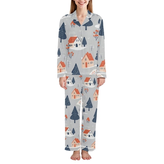 FORMRS Womens Pajama Set Long Sleeve Top and Pants with Pockets Soft Comfy Lounge Sleepwear, Sizes S-2XL, Gray Cartoon Houses