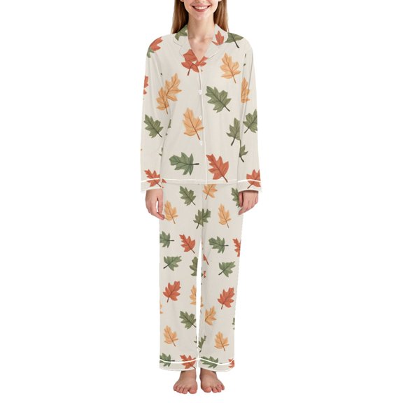 FORMRS Womens Pajama Set Long Sleeve Top and Pants with Pockets Soft Comfy Lounge Sleepwear, Sizes S-2XL, Green Autumn Leaves