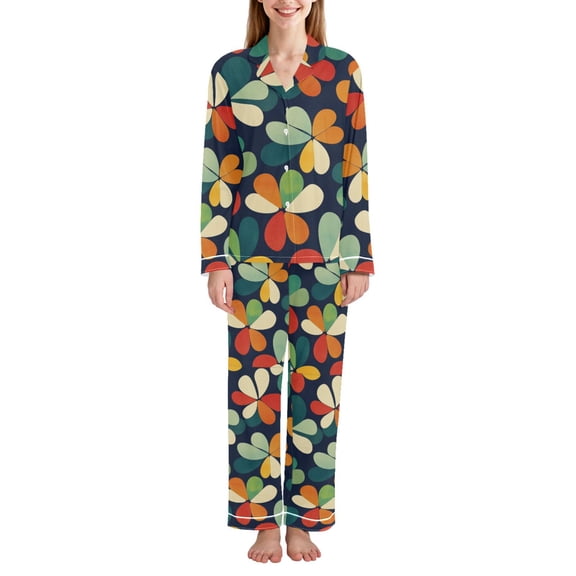 FORMRS Womens Pajama Set Long Sleeve Top and Pants with Pockets Soft Comfy Lounge Sleepwear, Sizes S-2XL, Green Clover Pattern