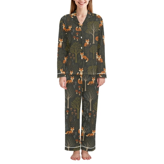 FORMRS Womens Pajama Set Long Sleeve Top and Pants with Pockets Soft Comfy Lounge Sleepwear, Sizes S-2XL, Green Forest Fox Pattern