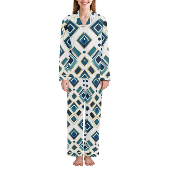 FORMRS Womens Pajama Set Long Sleeve Top and Pants with Pockets Soft Comfy Lounge Sleepwear, Sizes S-2XL, Green Geometric Pattern