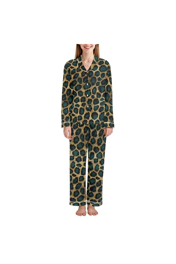 Womens Pajama Set Long Sleeve Top and Pants with Pockets Soft Comfy Lounge Sleepwear, Sizes S-2XL, Green Leopard Pattern