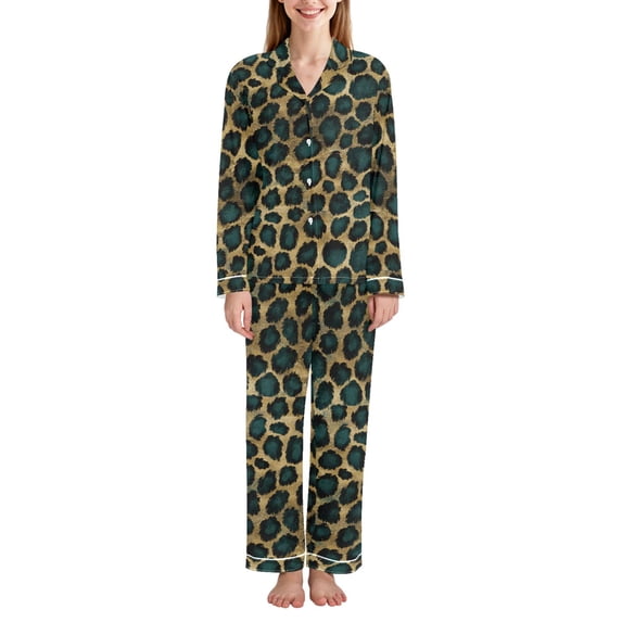 FORMRS Womens Pajama Set Long Sleeve Top and Pants with Pockets Soft Comfy Lounge Sleepwear, Sizes S-2XL, Green Leopard Pattern