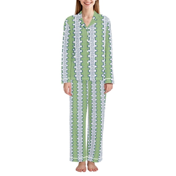 FORMRS Womens Pajama Set Long Sleeve Top and Pants with Pockets Soft Comfy Lounge Sleepwear, Sizes S-2XL, Green Stripe Pattern