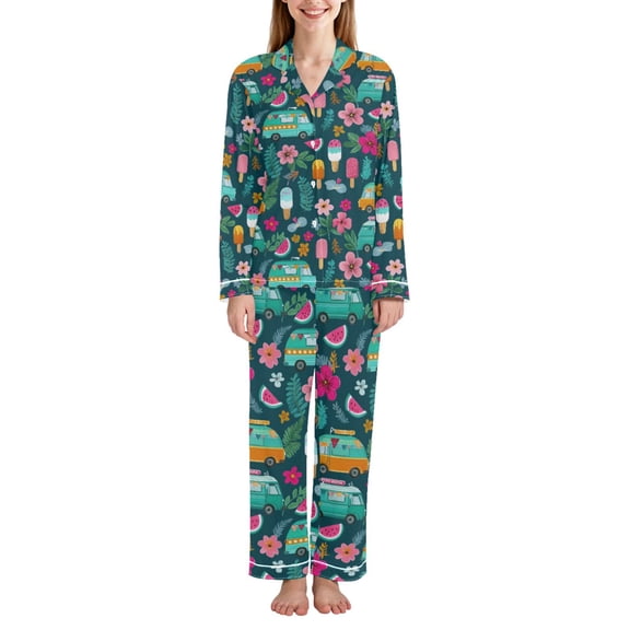 FORMRS Womens Pajama Set Long Sleeve Top and Pants with Pockets Soft Comfy Lounge Sleepwear, Sizes S-2XL, Green Vibrant Truck Pattern