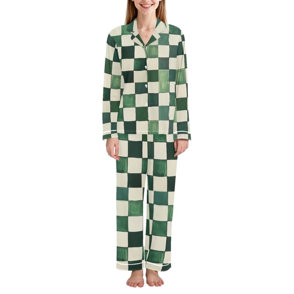 FORMRS Womens Pajama Set Long Sleeve Top and Pants with Pockets Soft Comfy Lounge Sleepwear, Sizes S-2XL, Green and White Plaid Pattern