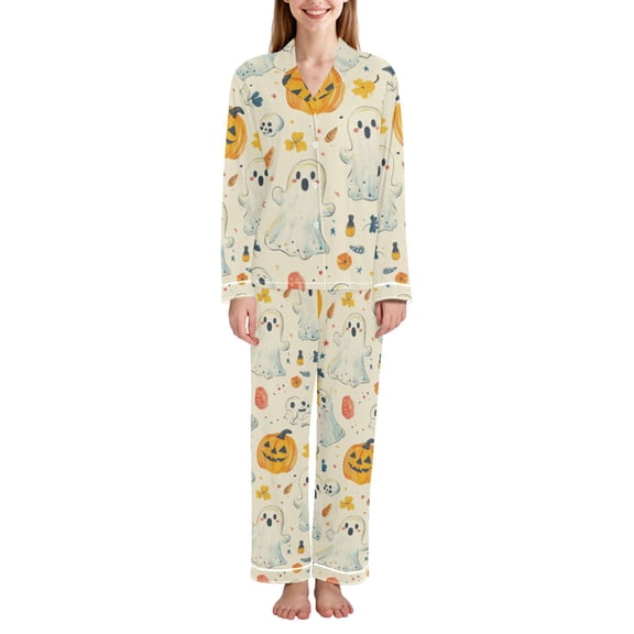 FORMRS Womens Pajama Set Long Sleeve Top and Pants with Pockets Soft Comfy Lounge Sleepwear, Sizes S-2XL, Halloween Cute Ghosts