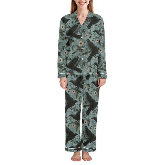 FORMRS Womens Pajama Set Long Sleeve Top and Pants with Pockets Soft Comfy Lounge Sleepwear, Sizes S-2XL, Mystic Crows Pattern