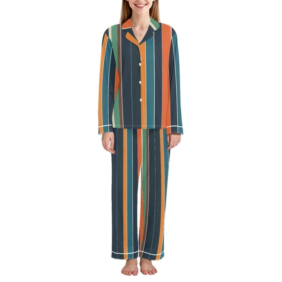 FORMRS Womens Pajama Set Long Sleeve Top and Pants with Pockets Soft Comfy Lounge Sleepwear, Sizes S-2XL, Navy Blue Stripes