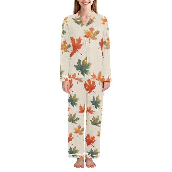 FORMRS Womens Pajama Set Long Sleeve Top and Pants with Pockets Soft Comfy Lounge Sleepwear, Sizes S-2XL, Orange Autumn Leaves