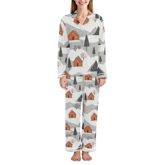 FORMRS Womens Pajama Set Long Sleeve Top and Pants with Pockets Soft Comfy Lounge Sleepwear, Sizes S-2XL, Orange Cartoon Houses