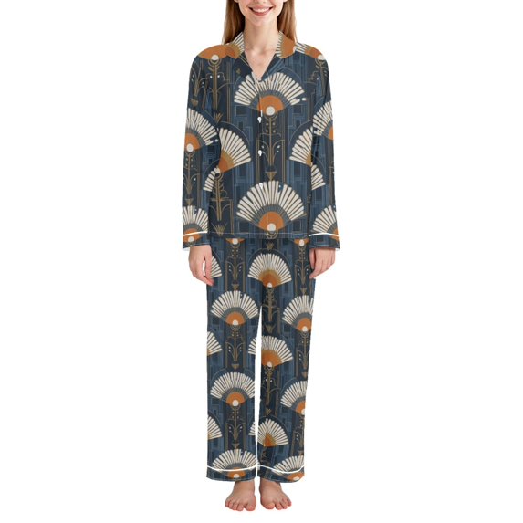 FORMRS Womens Pajama Set Long Sleeve Top and Pants with Pockets Soft Comfy Lounge Sleepwear, Sizes S-2XL, Orange Elegant Geometric