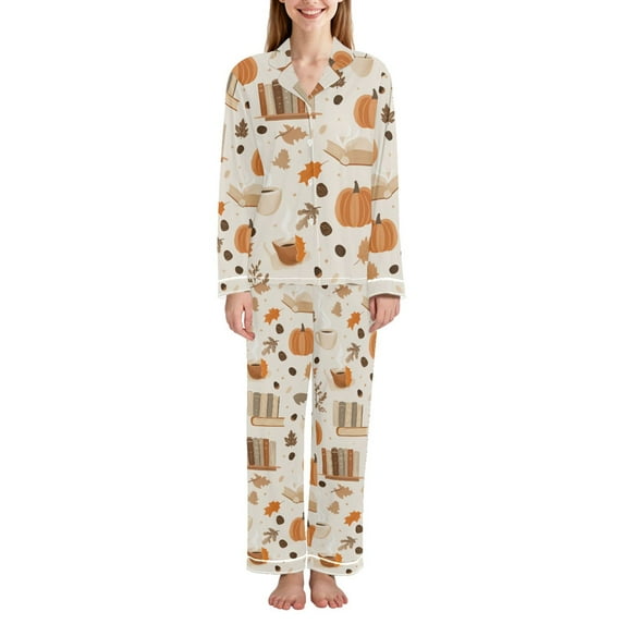 FORMRS Womens Pajama Set Long Sleeve Top and Pants with Pockets Soft Comfy Lounge Sleepwear, Sizes S-2XL, Orange Fall Pumpkin