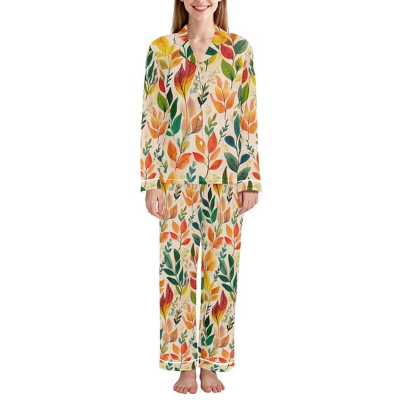 FORMRS Womens Pajama Set Long Sleeve Top and Pants with Pockets Soft Comfy Lounge Sleepwear, Sizes S-2XL, Orange Leaves