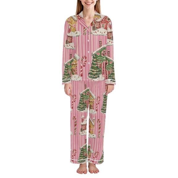 FORMRS Womens Pajama Set Long Sleeve Top and Pants with Pockets Soft Comfy Lounge Sleepwear, Sizes S-2XL, Pink Christmas House