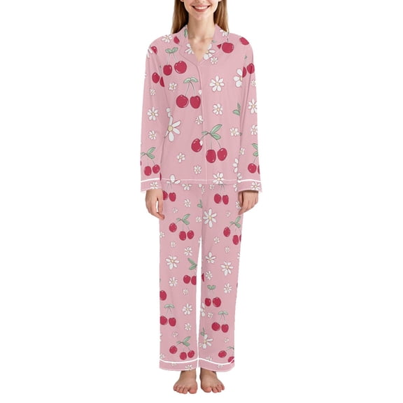 FORMRS Womens Pajama Set Long Sleeve Top and Pants with Pockets Soft Comfy Lounge Sleepwear, Sizes S-2XL, Pink Cute Cherry Pattern