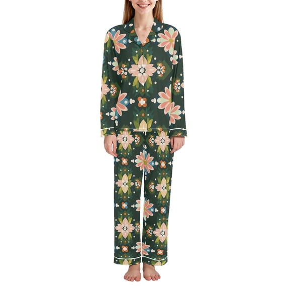 FORMRS Womens Pajama Set Long Sleeve Top and Pants with Pockets Soft Comfy Lounge Sleepwear, Sizes S-2XL, Pink Geometric Flowers