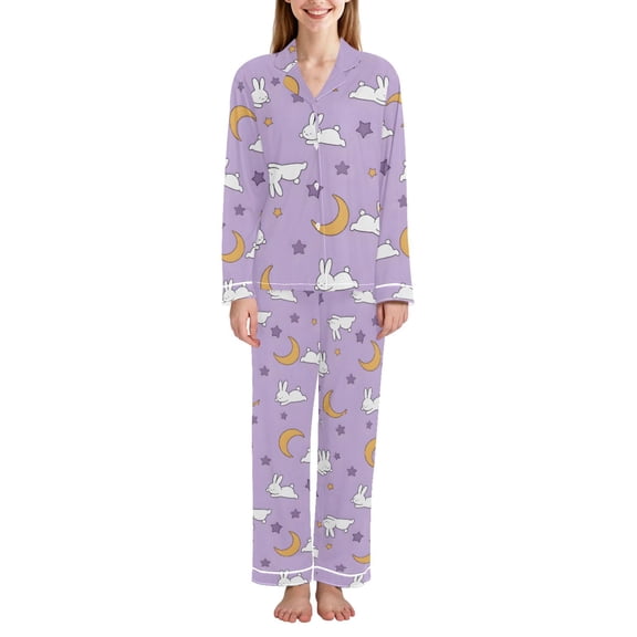 FORMRS Womens Pajama Set Long Sleeve Top and Pants with Pockets Soft Comfy Lounge Sleepwear, Sizes S-2XL, Purple Cartoon Rabbit Pattern
