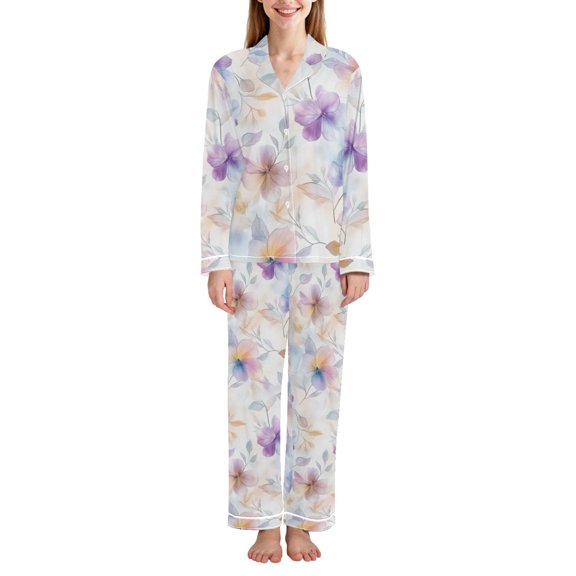 FORMRS Womens Pajama Set Long Sleeve Top and Pants with Pockets Soft Comfy Lounge Sleepwear, Sizes S-2XL, Purple Flower Pattern