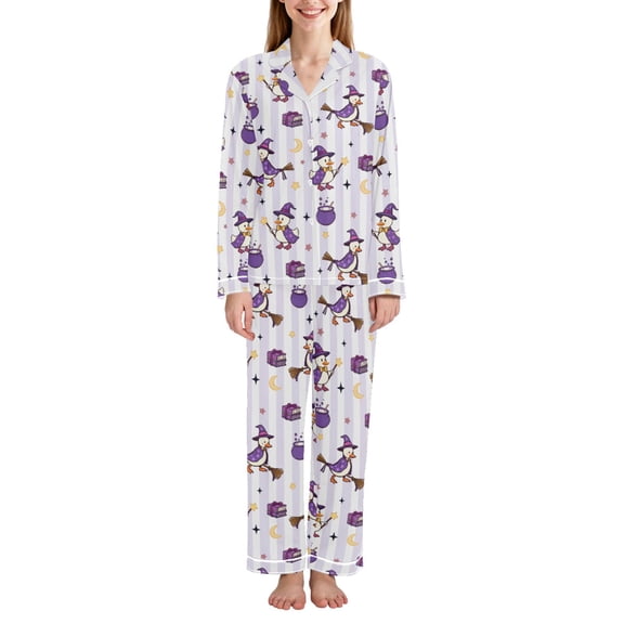 FORMRS Womens Pajama Set Long Sleeve Top and Pants with Pockets Soft Comfy Lounge Sleepwear, Sizes S-2XL, Purple Halloween Gooses