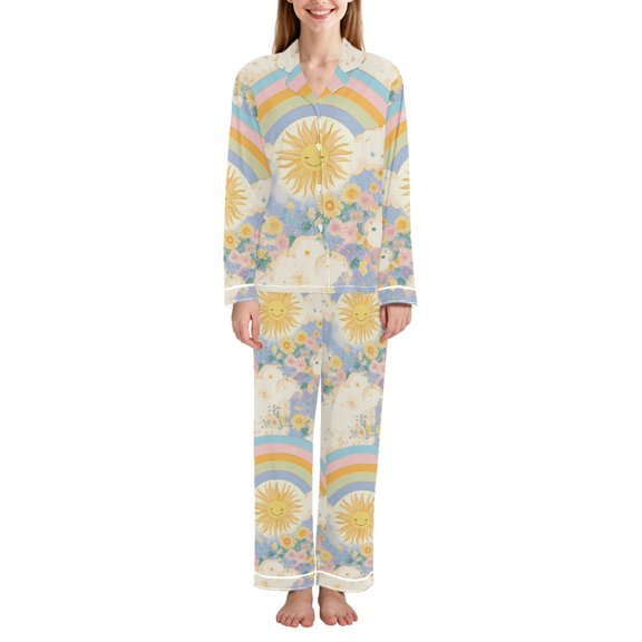 FORMRS Womens Pajama Set Long Sleeve Top and Pants with Pockets Soft Comfy Lounge Sleepwear, Sizes S-2XL, Purple Rainbow Clouds