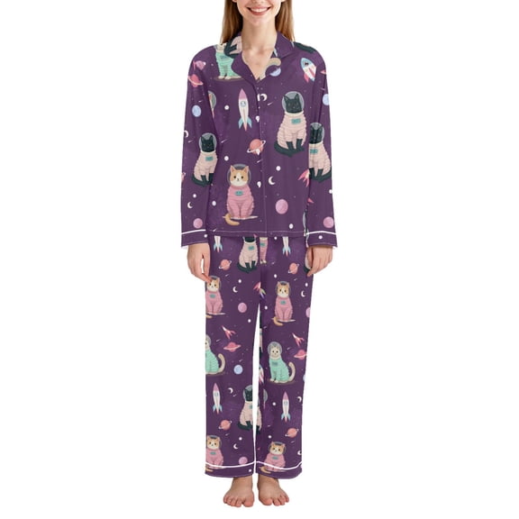 FORMRS Womens Pajama Set Long Sleeve Top and Pants with Pockets Soft Comfy Lounge Sleepwear, Sizes S-2XL, Purple Space Cat Pattern
