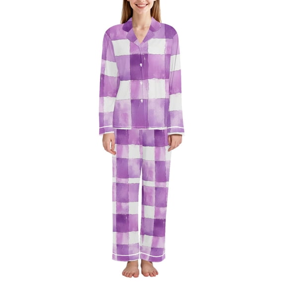 FORMRS Womens Pajama Set Long Sleeve Top and Pants with Pockets Soft Comfy Lounge Sleepwear, Sizes S-2XL, Purple and White Pattern