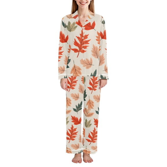 FORMRS Womens Pajama Set Long Sleeve Top and Pants with Pockets Soft Comfy Lounge Sleepwear, Sizes S-2XL, Red Autumn Leaves