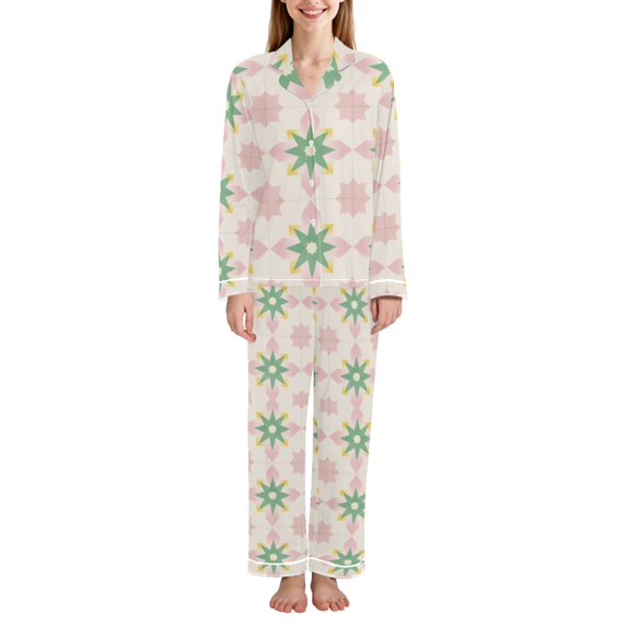 FORMRS Womens Pajama Set Long Sleeve Top and Pants with Pockets Soft Comfy Lounge Sleepwear, Sizes S-2XL, Retro Green Stars