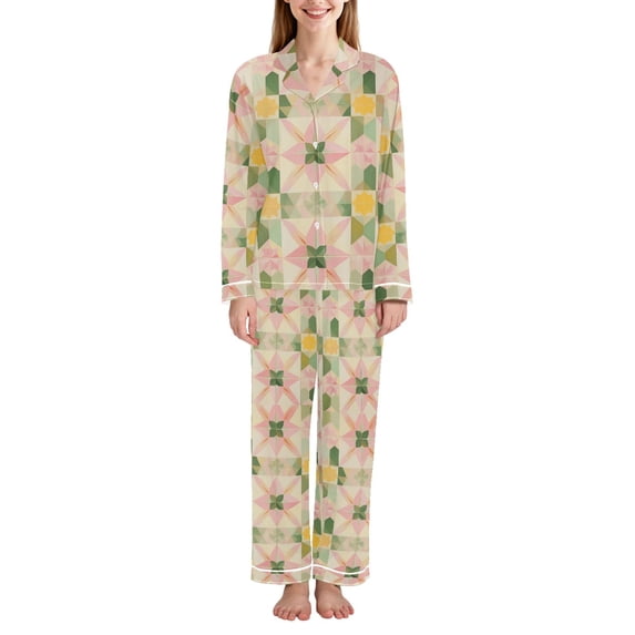 FORMRS Womens Pajama Set Long Sleeve Top and Pants with Pockets Soft Comfy Lounge Sleepwear, Sizes S-2XL, Retro Pink Stars