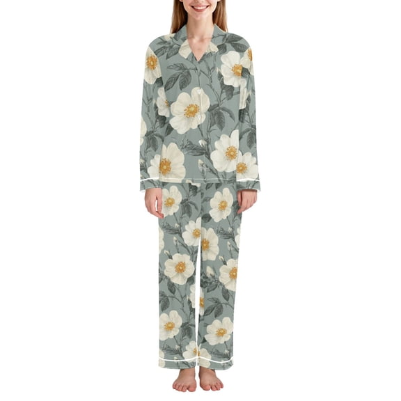 FORMRS Womens Pajama Set Long Sleeve Top and Pants with Pockets Soft Comfy Lounge Sleepwear, Sizes S-2XL, Sage Green Flower Pattern