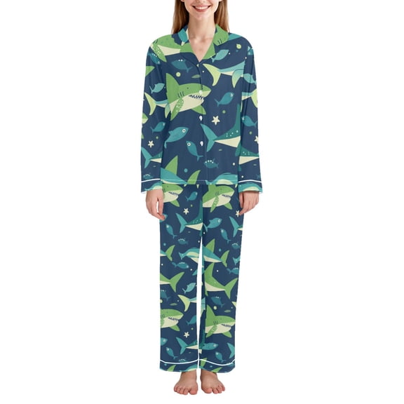 FORMRS Womens Pajama Set Long Sleeve Top and Pants with Pockets Soft Comfy Lounge Sleepwear, Sizes S-2XL, Sharks Pattern