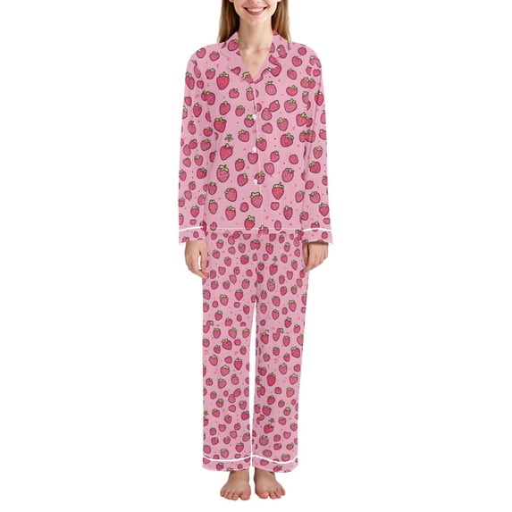 FORMRS Womens Pajama Set Long Sleeve Top and Pants with Pockets Soft Comfy Lounge Sleepwear, Sizes S-2XL, Strawberry Bliss