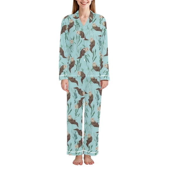 FORMRS Womens Pajama Set Long Sleeve Top and Pants with Pockets Soft Comfy Lounge Sleepwear, Sizes S-2XL, Swimming Otters Pattern