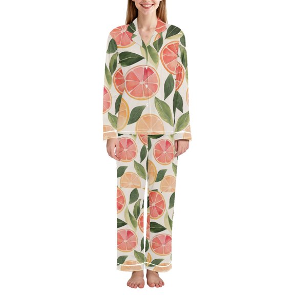FORMRS Womens Pajama Set Long Sleeve Top and Pants with Pockets Soft Comfy Lounge Sleepwear, Sizes S-2XL, Watercolor Grapefruit