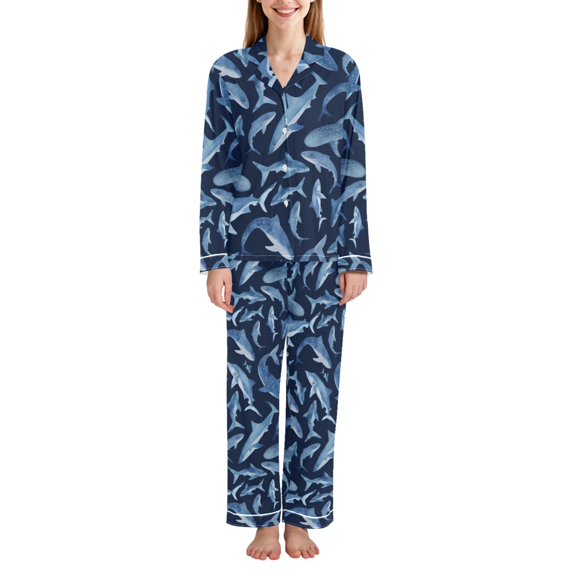 FORMRS Womens Pajama Set Long Sleeve Top and Pants with Pockets Soft Comfy Lounge Sleepwear, Sizes S-2XL, Watercolor Shark Pattern