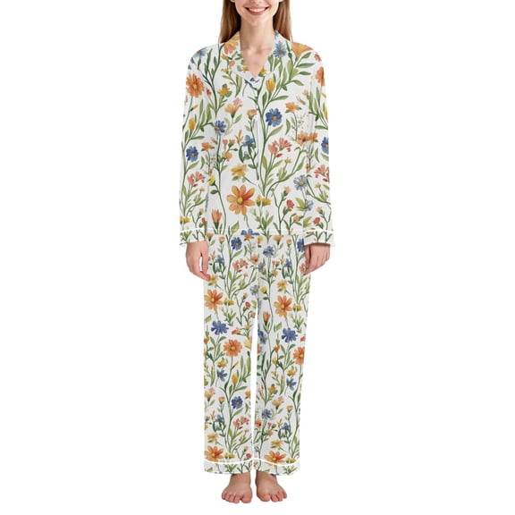 FORMRS Womens Pajama Set Long Sleeve Top and Pants with Pockets Soft Comfy Lounge Sleepwear, Sizes S-2XL, Watercolor Wildflowers Pattern
