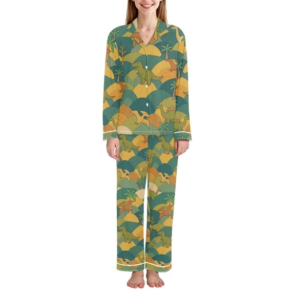 FORMRS Womens Pajama Set Long Sleeve Top and Pants with Pockets Soft Comfy Lounge Sleepwear, Sizes S-2XL, Whimsical Dinosaur Pattern