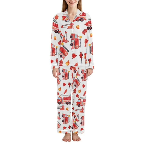 FORMRS Womens Pajama Set Long Sleeve Top and Pants with Pockets Soft Comfy Lounge Sleepwear, Sizes S-2XL, White Cartoon Fire Truck Pattern