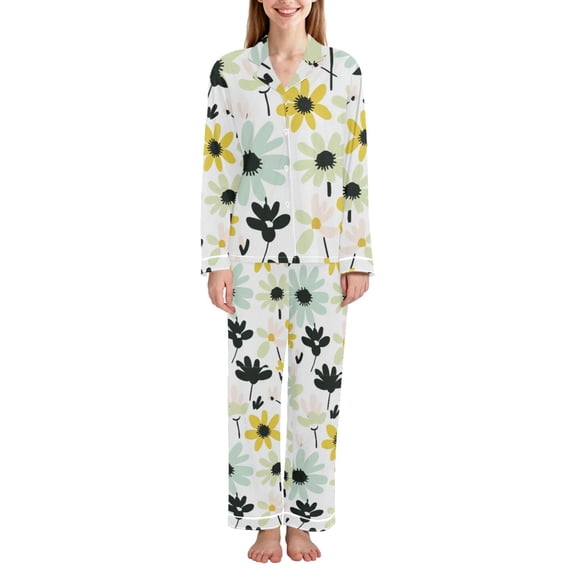 FORMRS Womens Pajama Set Long Sleeve Top and Pants with Pockets Soft Comfy Lounge Sleepwear, Sizes S-2XL, White Flower