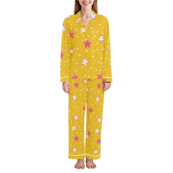 FORMRS Womens Pajama Set Long Sleeve Top and Pants with Pockets Soft Comfy Lounge Sleepwear, Sizes S-2XL, White Stars