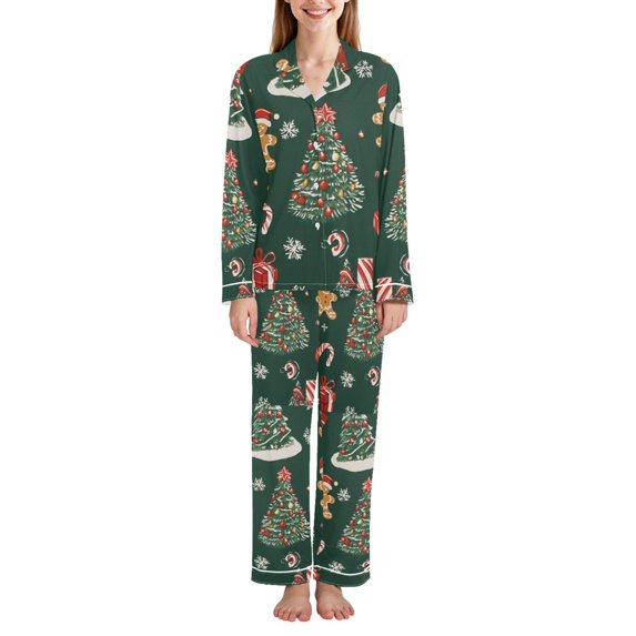 FORMRS Womens Pajama Set Long Sleeve Top and Pants with Pockets Soft Comfy Lounge Sleepwear, Sizes S-2XL, Yellow Christmas Gingerbread