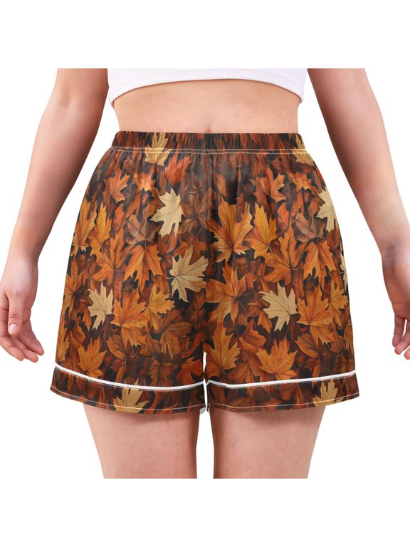 Womens Pajama Shorts with Pockets Satin Boxer Soft Lounge Sleepwear, Sizes S-2XL, Fall Pattern
