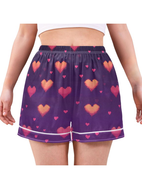 Womens Pajama Shorts with Pockets Satin Boxer Soft Lounge Sleepwear, Sizes S-2XL, Love in The Clouds