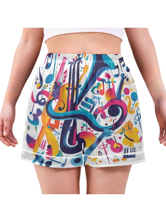Womens Pajama Shorts with Pockets Satin Boxer Soft Lounge Sleepwear, Sizes S-2XL, Musical Pattern