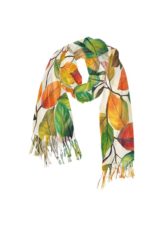 Womens Scarf Winter Soft Long Big Warm Shawls Wrap Tassel Scarves, Beige Leaves